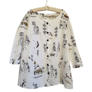 Orchadia Womens 3X Aboriginal Print Button Up Blouse Linen Blend Artsy  Folk Vtg